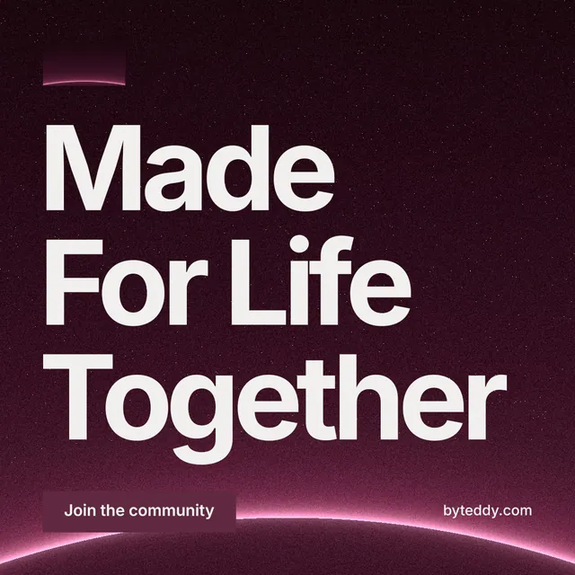 Instagram post for By Teddy: "Made For Life Together". Swiss style, poster layout, dark palette in black, pink, white.