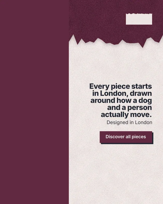 Instagram portrait post for By Teddy: "Every piece starts in London, drawn around how a dog and a person actually move." Paper trio style, right layout, light palette in red, orange, white.