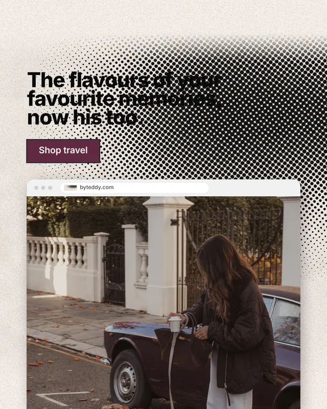 Instagram portrait post for By Teddy: "The flavours of your favourite memories, now his too." Ink sticker style, browser layout, light palette in grey, black, orange.