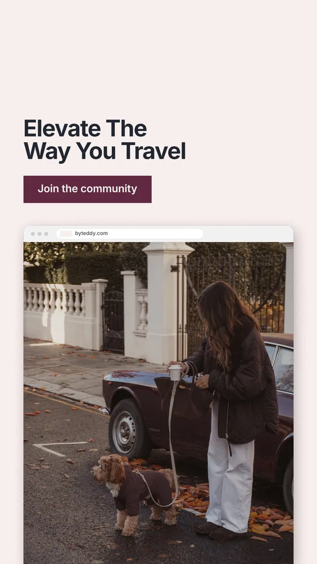 Instagram story for By Teddy: "Elevate The Way You Travel". Swiss style, browser layout, light palette in white, red, grey.