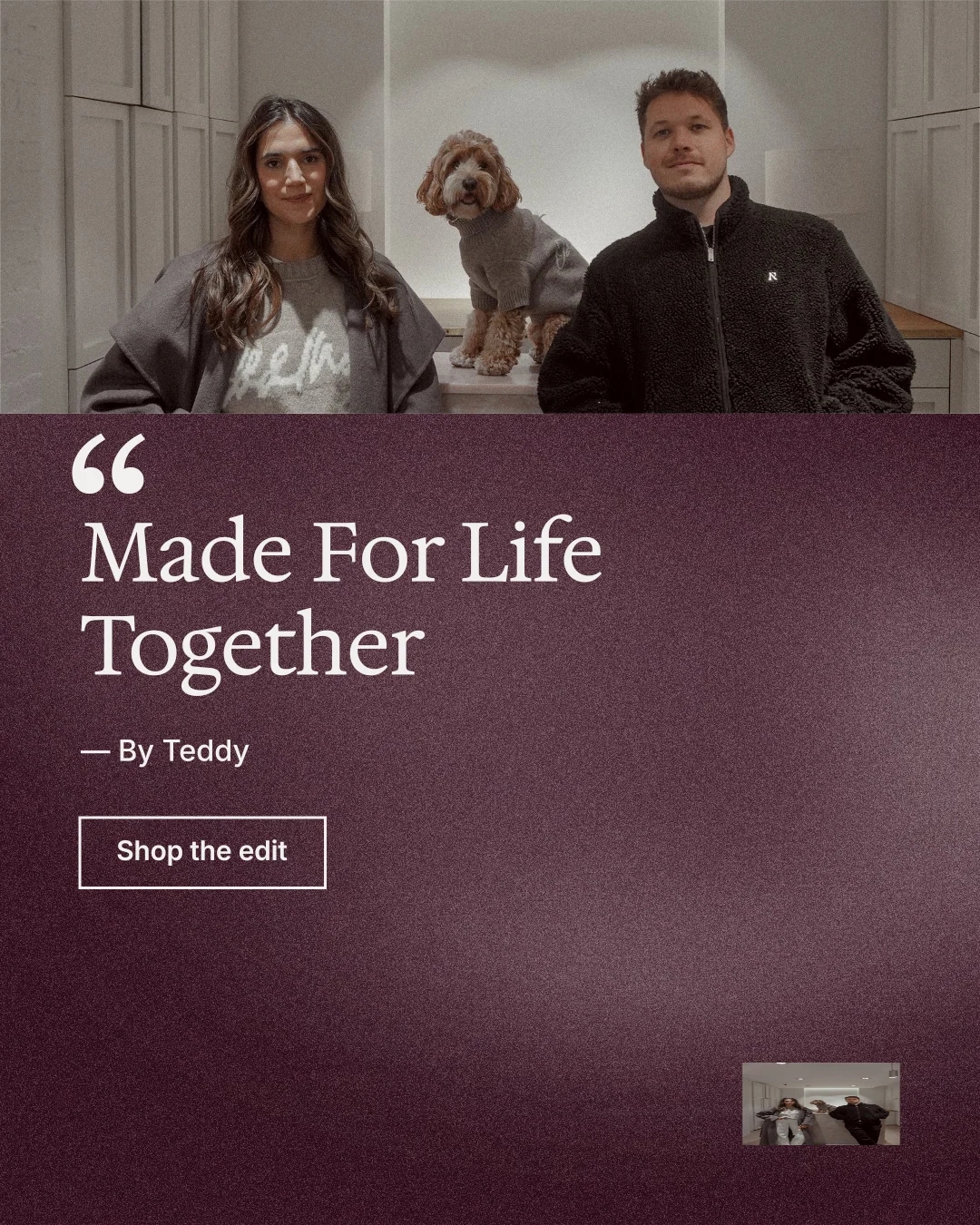 Instagram portrait post for By Teddy: "Made For Life Together". Cyanotype style, quote layout, dark palette in grey, red.