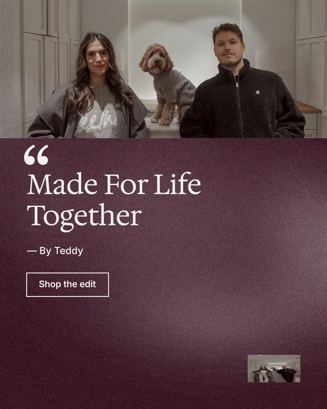 Instagram portrait post for By Teddy: "Made For Life Together". Cyanotype style, quote layout, dark palette in grey, red.