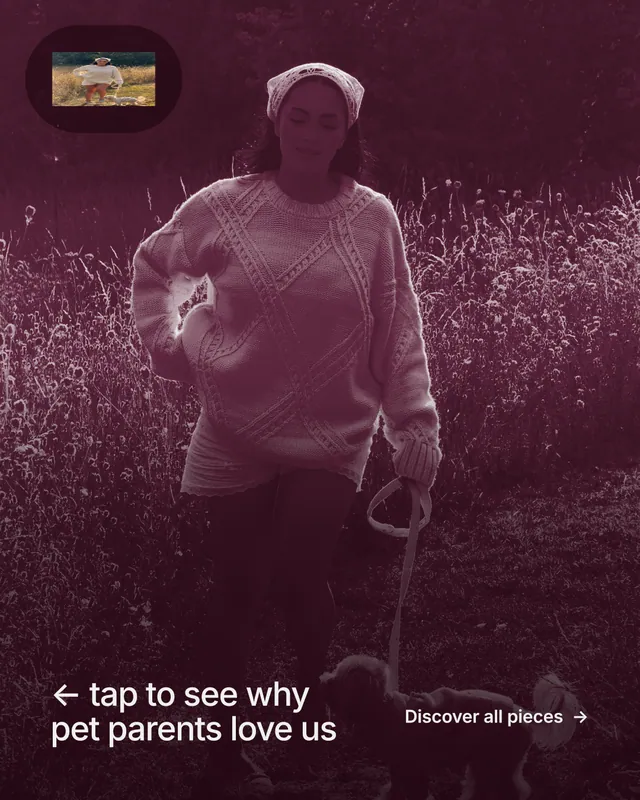 Instagram portrait post for By Teddy: "← tap to see why pet parents love us". Cyanotype style, image led layout, dark palette in pink, black, red.