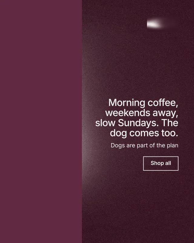 Instagram portrait post for By Teddy: "Morning coffee, weekends away, slow Sundays. The dog comes too." Cyanotype style, right layout, dark palette in red, grey.