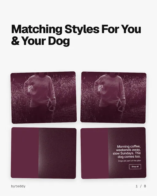 Carousel for By Teddy: "Matching Styles For You & Your Dog". Collection carousel, 8 slides, light palette.