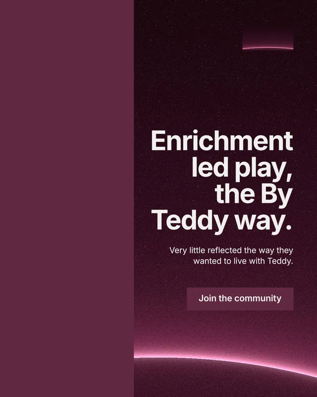Instagram portrait post for By Teddy: "Enrichment led play, the By Teddy way." Swiss style, right layout, dark palette in red, black, pink.