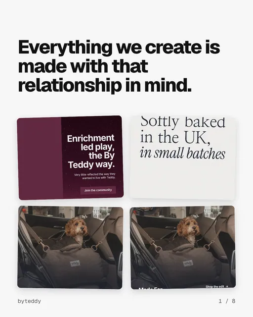 Carousel for By Teddy: "Everything we create is made with that relationship in mind.". Collection carousel, 8 slides, light palette.