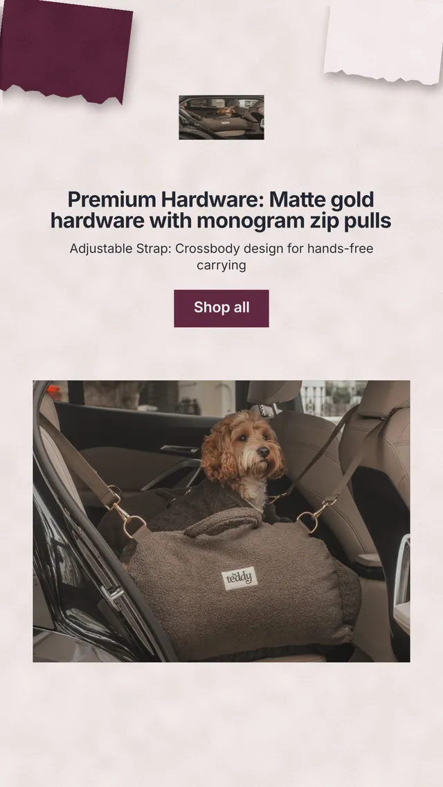 Instagram story for By Teddy: "Premium Hardware: Matte gold hardware with monogram zip pulls". Swiss style, centred layout, light palette in black, red, white.