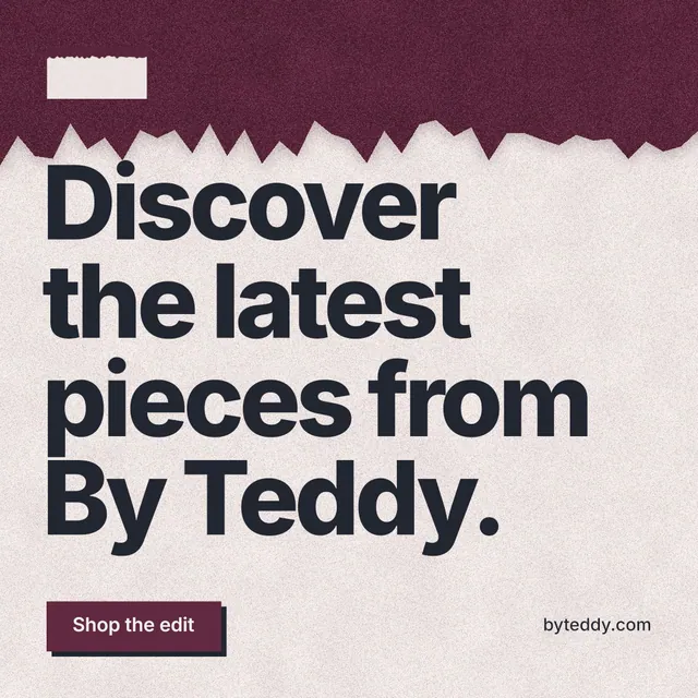 Instagram post for By Teddy: "Discover the latest pieces from By Teddy." Paper trio style, poster layout, light palette in pink, orange, red.