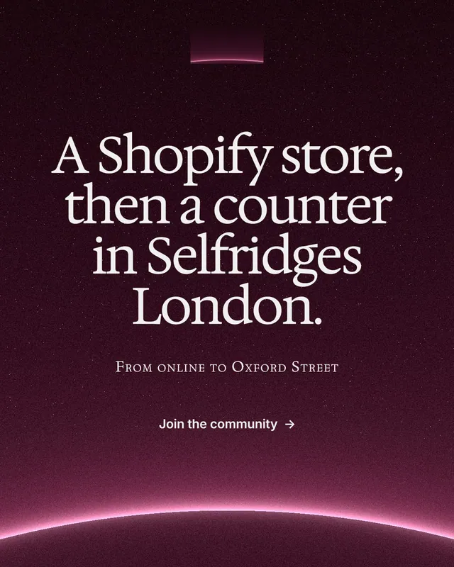 Instagram portrait post for By Teddy: "A Shopify store, then a counter in Selfridges London." Swiss style, smallcaps layout, dark palette in black, pink, grey.