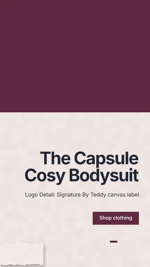 Instagram story for By Teddy: "The Capsule Cosy Bodysuit". Swiss style, right layout, light palette in red, white.