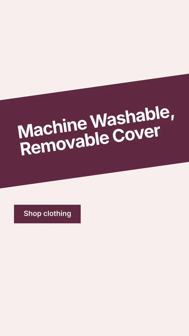 Instagram story for By Teddy: "Machine Washable, Removable Cover". Swiss style, diagonal layout, light palette in white, pink, grey.