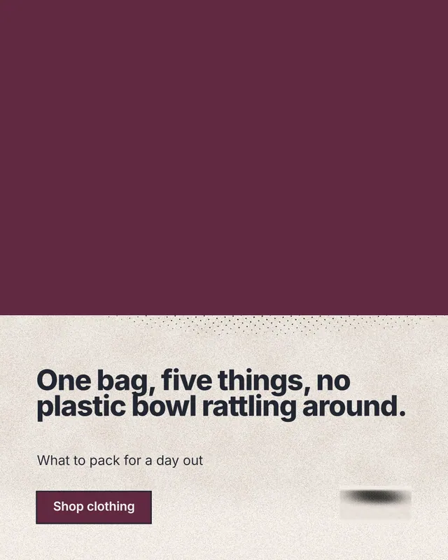Instagram portrait post for By Teddy: "One bag, five things, no plastic bowl rattling around." Ink sticker style, bottom layout, light palette in red, orange.