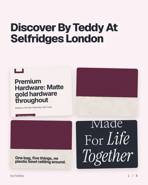 Carousel for By Teddy: "Discover By Teddy At Selfridges London". Collection carousel, 8 slides, light palette.