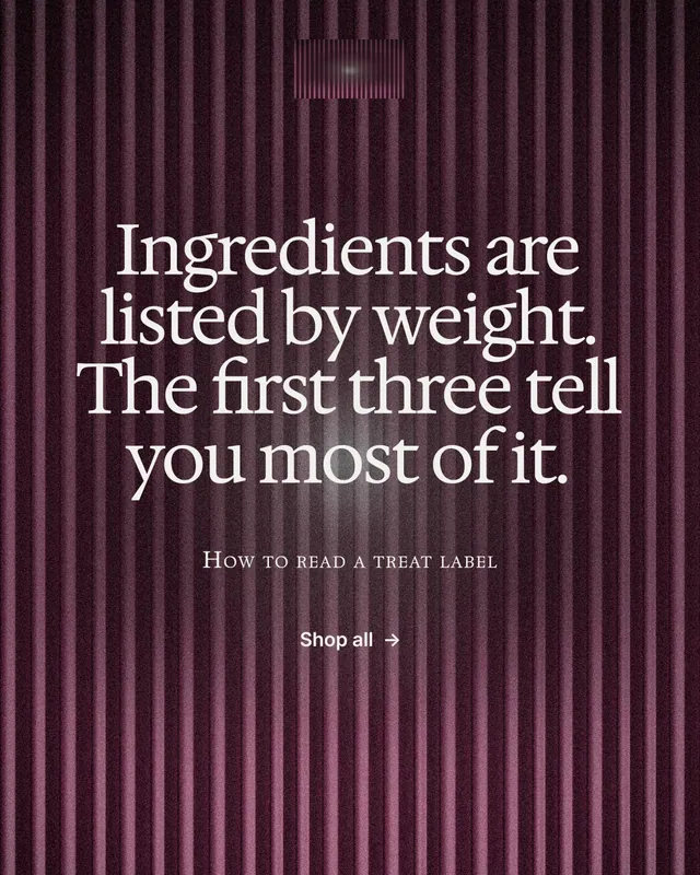 Instagram portrait post for By Teddy: "Ingredients are listed by weight. The first three tell you most of it." Swiss style, smallcaps layout, dark palette in pink, red, grey.