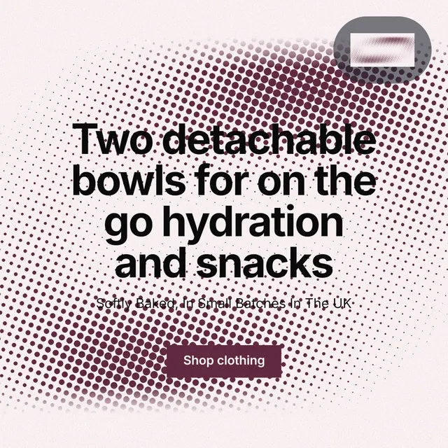Instagram post for By Teddy: "Two detachable bowls for on the go hydration and snacks". Swiss style, centred layout, light palette in red, grey, white.