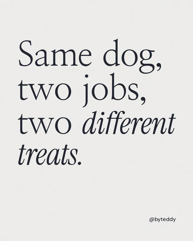 Instagram portrait post for By Teddy: "Same dog, two jobs, two different treats." Editorial style, technique:mixed type lockup layout, light palette in white.