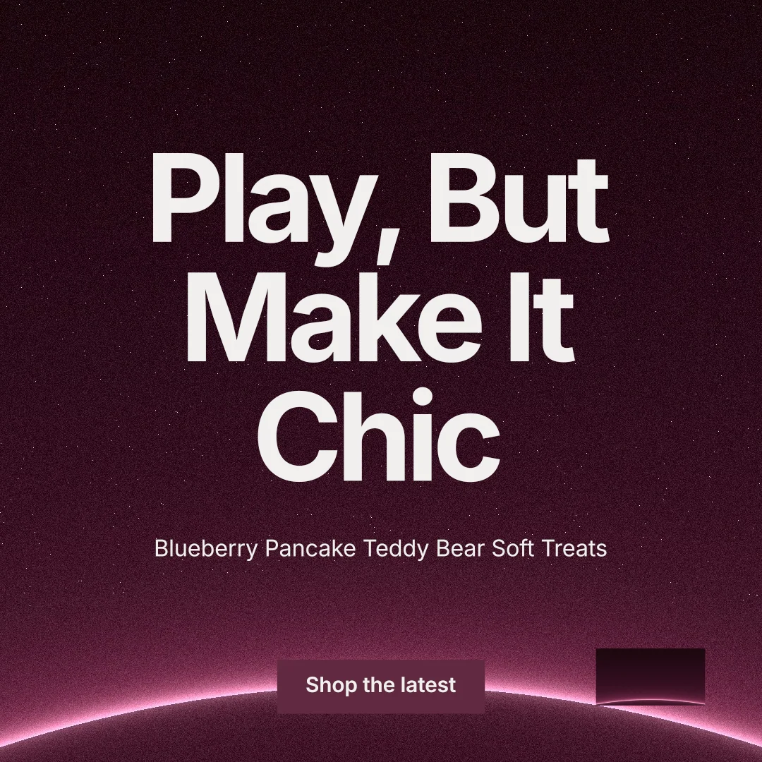 Instagram post for By Teddy: "Play, But Make It Chic". Swiss style, centred layout, dark palette in black, pink, grey.