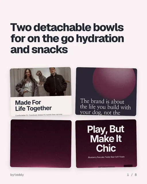 Carousel for By Teddy: "Two detachable bowls for on the go hydration and snacks". Collection carousel, 8 slides, light palette.