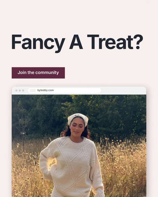 Instagram portrait post for By Teddy: "Fancy A Treat?" Swiss style, browser layout, light palette in white, orange, black.
