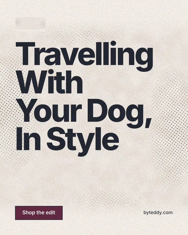 Instagram portrait post for By Teddy: "Travelling With Your Dog, In Style". Ink sticker style, poster layout, light palette in orange, grey.