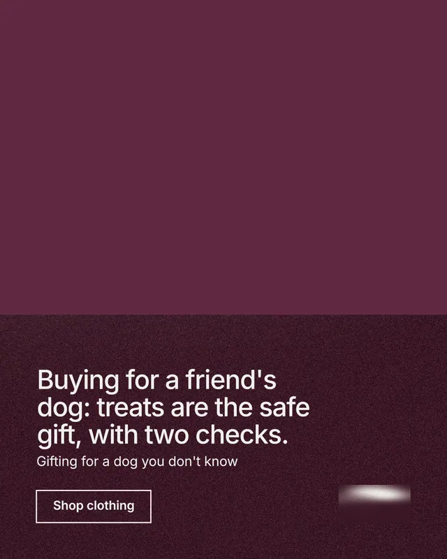Instagram portrait post for By Teddy: "Buying for a friend's dog: treats are the safe gift, with two checks." Cyanotype style, bottom layout, dark palette in red, grey.