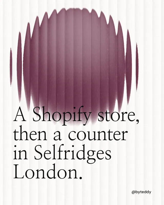 Instagram portrait post for By Teddy: "A Shopify store, then a counter in Selfridges London." Auto 4x5 style, technique:shader field layout, light palette in red, white, grey.