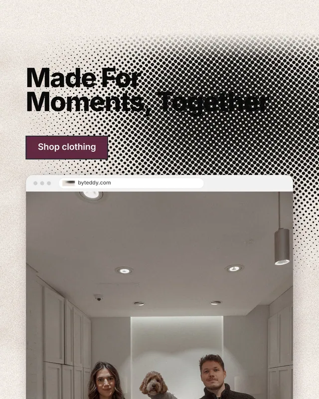 Instagram portrait post for By Teddy: "Made For Moments, Together". Ink sticker style, browser layout, light palette in grey, orange, white.