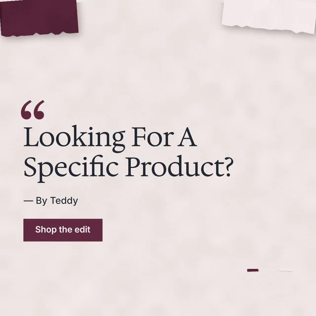 Instagram post for By Teddy: "Looking For A Specific Product?" Swiss style, quote layout, light palette in red, white, grey.