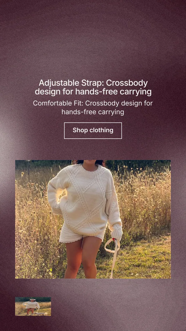 Instagram story for By Teddy: "Adjustable Strap: Crossbody design for hands-free carrying". Cyanotype style, centred layout, dark palette in red, grey, orange.