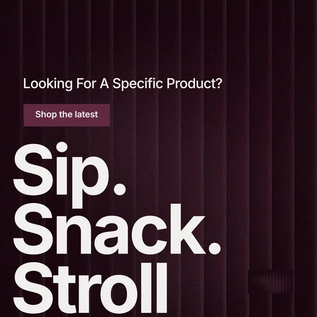 Instagram post for By Teddy: "Sip. Snack. Stroll." Swiss style, oversized layout, dark palette in black, grey, red.