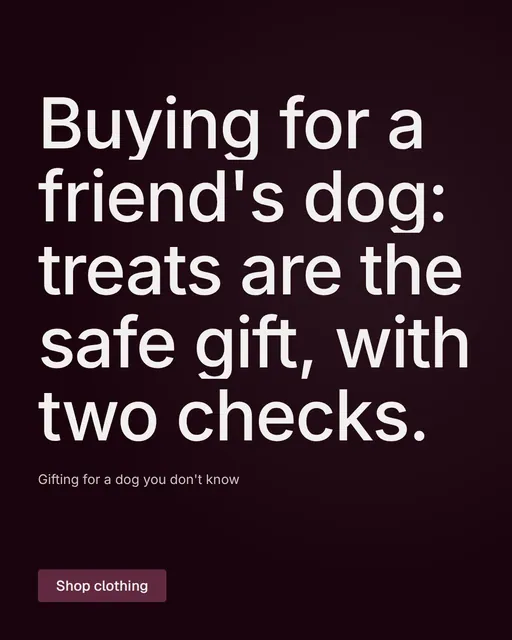Video for By Teddy: "Buying for a friend's dog: treats are the safe gift, with two checks.". Doc motion loop, 8.0 s, dark palette.