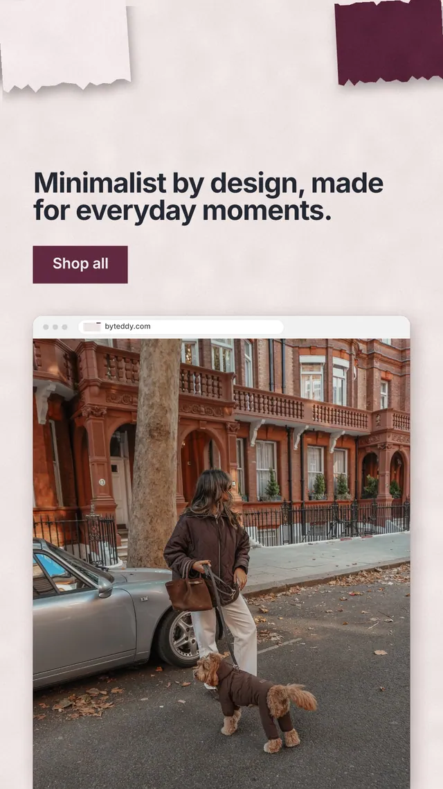 Instagram story for By Teddy: "Minimalist by design, made for everyday moments." Swiss style, browser layout, light palette in red, grey, white.
