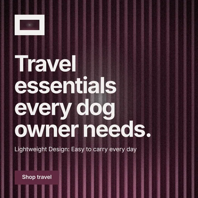 Instagram post for By Teddy: "Travel essentials every dog owner needs." Swiss style, announce layout, dark palette in red, pink, black.