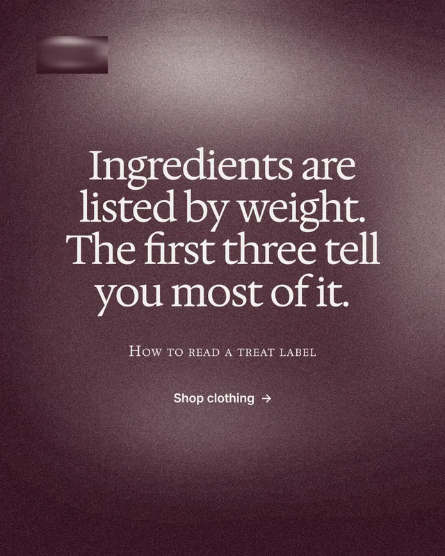 Instagram portrait post for By Teddy: "Ingredients are listed by weight. The first three tell you most of it." Cyanotype style, smallcaps layout, dark palette in red, grey.