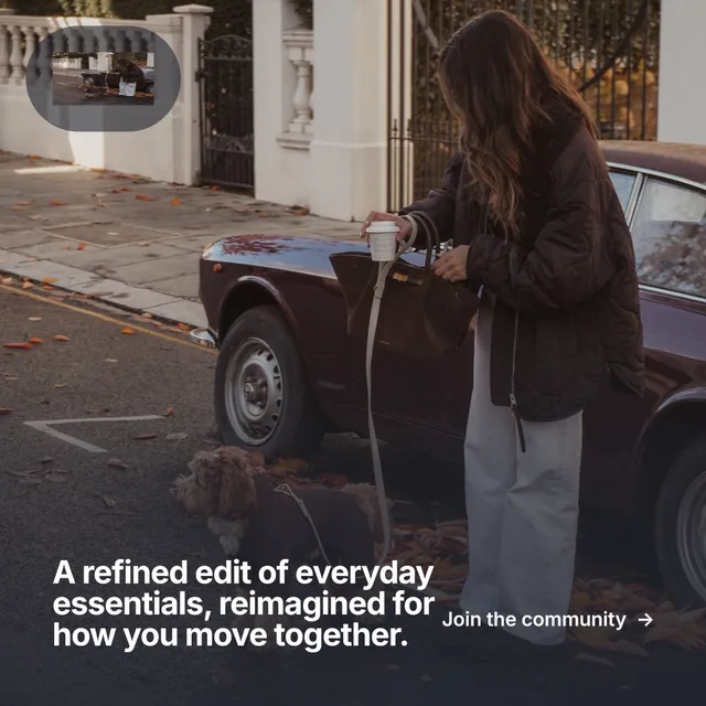 Instagram post for By Teddy: "A refined edit of everyday essentials, reimagined for how you move together." Swiss style, image led layout, dark palette in black, grey.