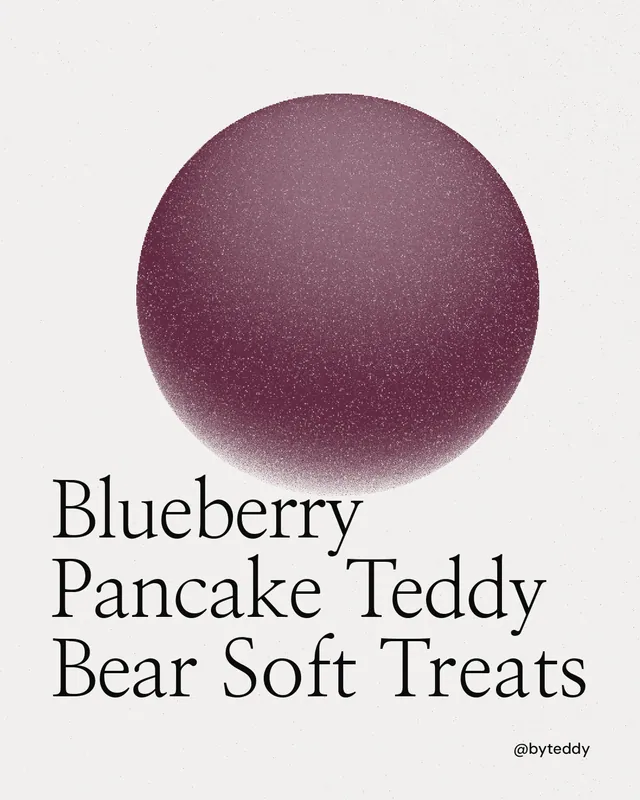 Instagram portrait post for By Teddy: "Blueberry Pancake Teddy Bear Soft Treats". Auto 4x5 style, technique:shader field layout, light palette in white, red, grey.