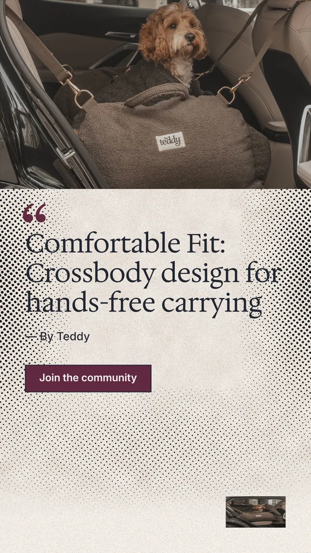 Instagram story for By Teddy: "Comfortable Fit: Crossbody design for hands-free carrying". Ink sticker style, quote layout, light palette in black, white, orange.