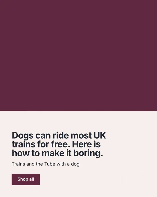 Instagram portrait post for By Teddy: "Dogs can ride most UK trains for free. Here is how to make it boring." Swiss style, bottom layout, light palette in red, white, grey.