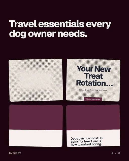 Carousel for By Teddy: "Travel essentials every dog owner needs.". Collection carousel, 8 slides, dark palette.