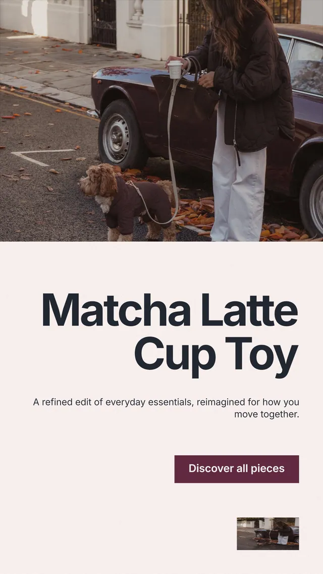 Instagram story for By Teddy: "Matcha Latte Cup Toy". Swiss style, right layout, light palette in white, black, grey.