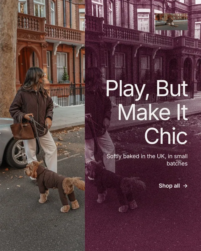 Instagram portrait post for By Teddy: "Play, But Make It Chic". Film still style, right layout, dark palette in red, grey.