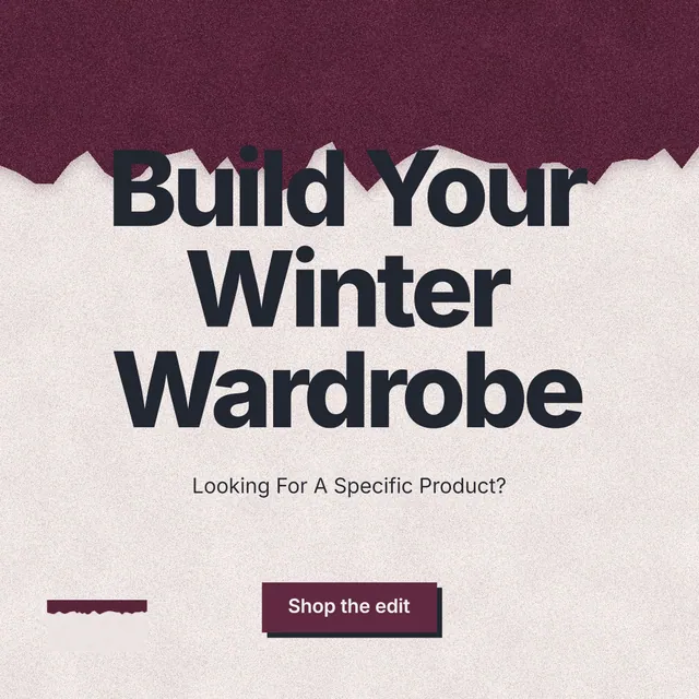 Instagram post for By Teddy: "Build Your Winter Wardrobe". Paper trio style, centred layout, light palette in pink, red, orange.