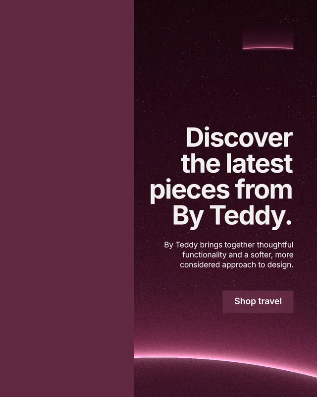 Instagram portrait post for By Teddy: "Discover the latest pieces from By Teddy." Swiss style, right layout, dark palette in red, black, pink.