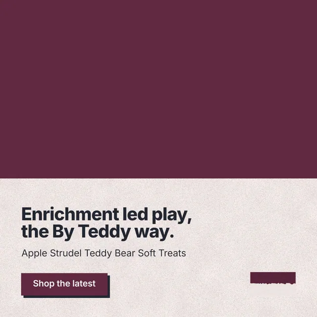 Instagram post for By Teddy: "Enrichment led play, the By Teddy way." Paper trio style, bottom layout, light palette in red, white.