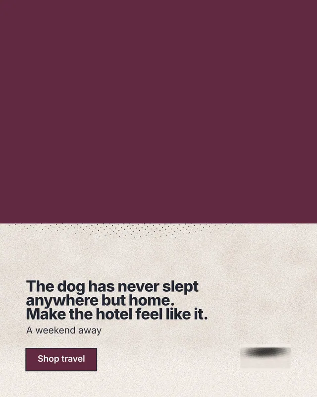 Instagram portrait post for By Teddy: "The dog has never slept anywhere but home. Make the hotel feel like it." Ink sticker style, bottom layout, light palette in red, orange.