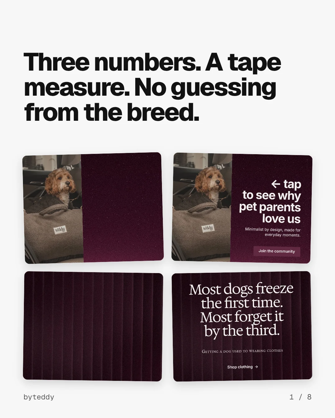 Carousel for By Teddy: "Three numbers. A tape measure. No guessing from the breed.". Collection carousel, 8 slides, light palette.