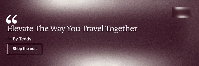 X header for By Teddy: "Elevate The Way You Travel Together". Cyanotype style, quote layout, dark palette in red, grey.