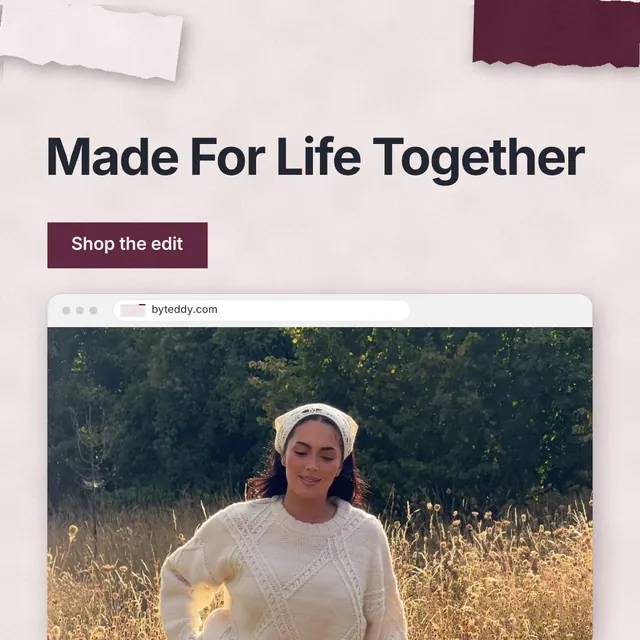 Instagram post for By Teddy: "Made For Life Together". Swiss style, browser layout, light palette in red, black, grey.