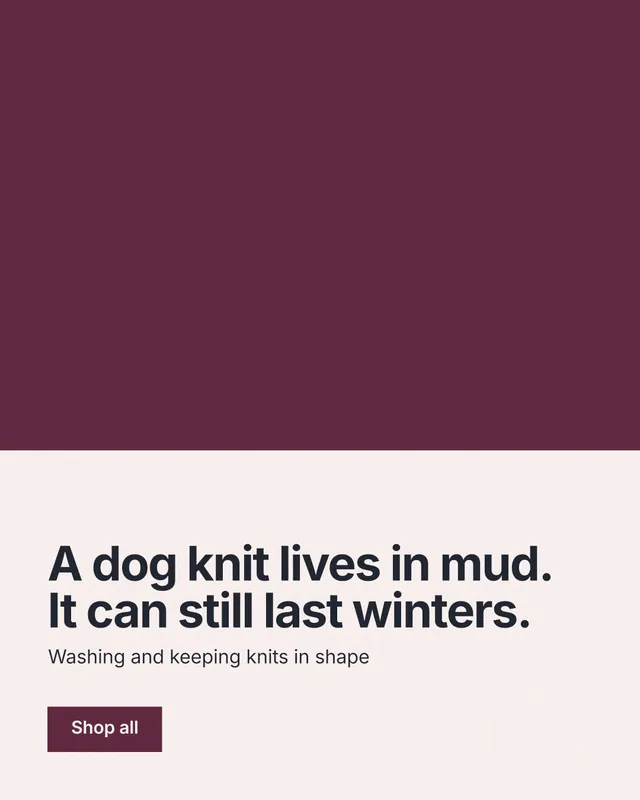 Instagram portrait post for By Teddy: "A dog knit lives in mud. It can still last winters." Swiss style, bottom layout, light palette in red, white, grey.